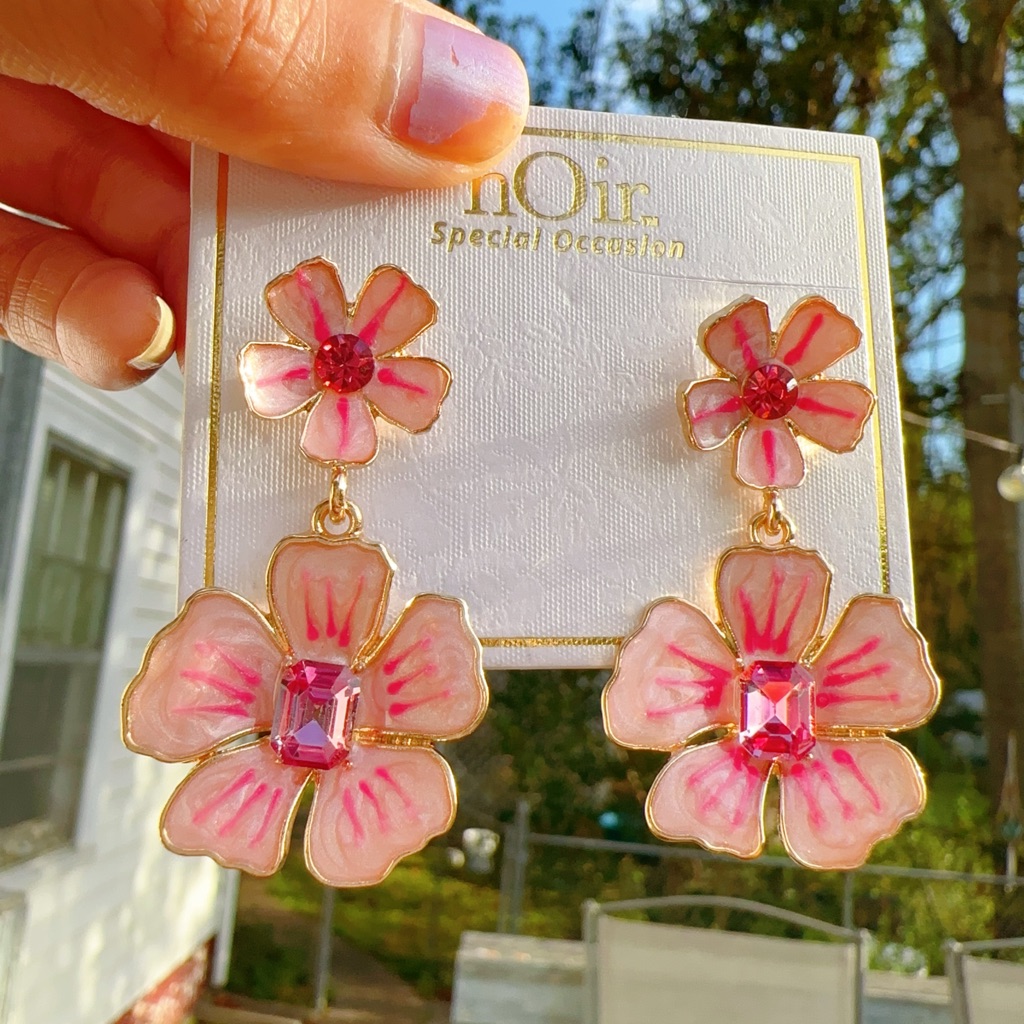 Noir Pink Flowers Drops Gold Tone Earrings 925 Sterling Silver Post 17$
